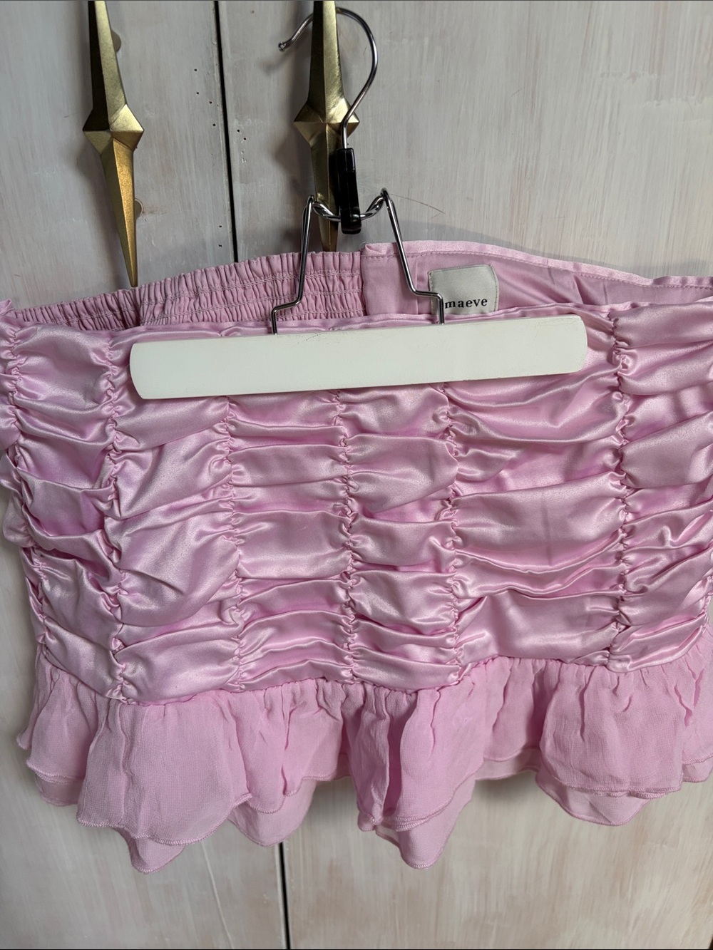 Maeve Light Pink Ruched Satin Ruffle skirt